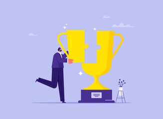 Business growth and success concept, businessman connecting jigsaw puzzle to trophy, building trophy puzzle
