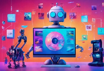 colorful background with An AI robot Looking at many photos on a large computer screen