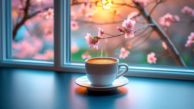 A warm cup of coffee and flowers on the window in the morning. seamless looping 4k time-lapse video background