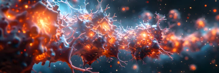 Fotobehang Astrocyte Cells Illustration, view of a particle beam from a particle accelerator attacking cancer cell © sunny
