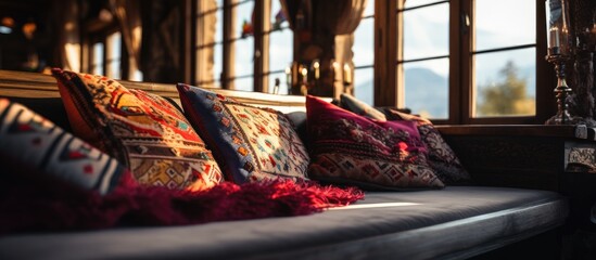 A traditional sofa covered in rugs sits by a window in Cappadocia, Turkey. The sofa is adorned with a variety of colorful pillows stacked neatly on top.