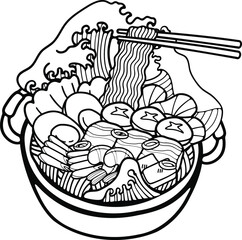 isolate suki yaki japanese food black and white flat style illustration