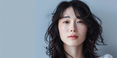 Beauty portrait of a natural young Japanese woman with a soft grey copy space background