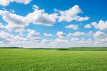 Fototapeta na wymiar Beautiful grassy fields and summer blue sky with fluffy white clouds in the wind. Wide format