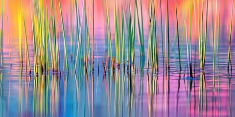 Abstract wallpaper with leafless aquatic plants on colourful vibrant background. AI generated digital design. 