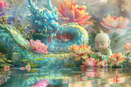 cute cartoon golden buddha with many colorful flowers, and a dragon, water reflection