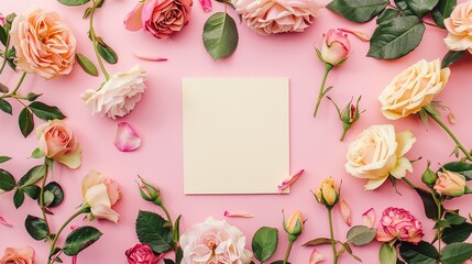 Natural template with blank notepad and various vintage roses on the pink background, top view,generative ai, - obrazy, fototapety, plakaty