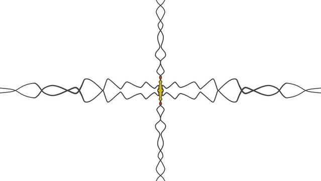 Animation of a pattern with horizontal and vertical symmetry. At the center of the intersection are yellow and red figures.