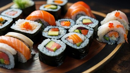 Sushi Rolls and Sashimi on a Plate with Fresh Fish and Rice, Japanese Gourmet Meal with Healthy Seafood Options