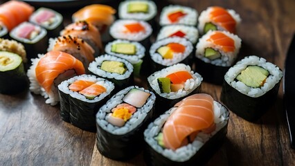 Sushi Rolls and Sashimi on a Plate with Fresh Fish and Rice, Japanese Gourmet Meal with Healthy Seafood Options