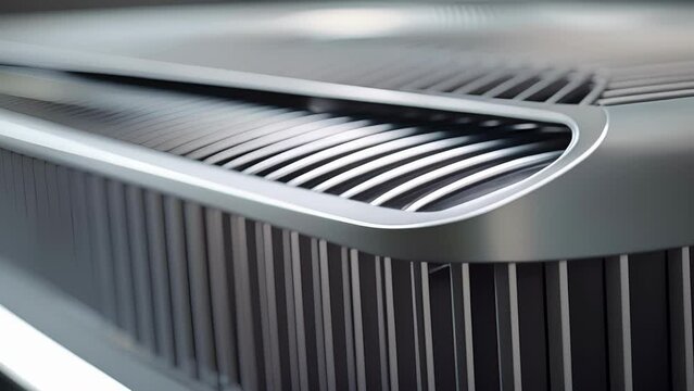 The condenser coil of a portable air conditioner covered in thin aluminum fins to help dissipate heat.