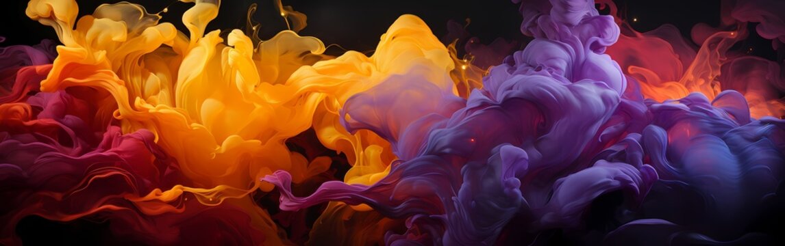 Vibrant yellow and deep purple liquids collide, creating a dramatic and intense abstract display that bursts forth with explosive energy, captured in high definition