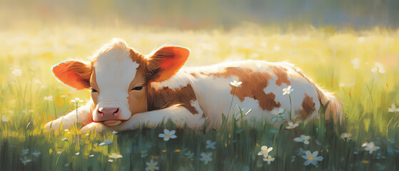 a painting of a cow laying in a field of flowers - obrazy, fototapety, plakaty