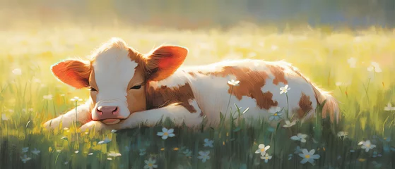 Fotobehang a painting of a cow laying in a field of flowers © Masum