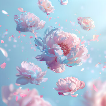 There are many flowers that are in the picture together Pink falling art flying flower blue pastel nature valentine peony.AI Generative 