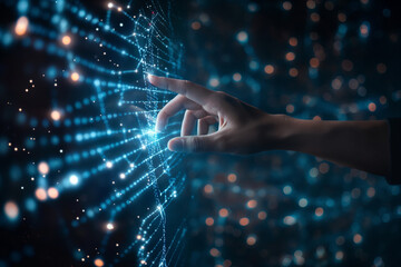Fototapeta premium Finger touch is related to very modern futuristic technology and design with innovative humanity creating and developing technology of the modern world.