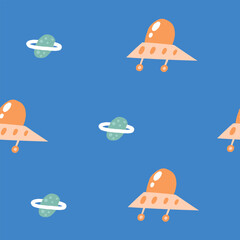 Cute cosmos, space, universe seamless pattern. Funny hand drawn doodle repeatable pattern with ufo, space ship, space vechile, flying aircraft, planet. Night sky theme background