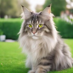 Naklejka na ściany i meble A Maine Coon with beautiful shiny fluffy fur, beautiful green eyes and pointed ears. Sitting in the garden on the lawn and looking away. Generative AI
