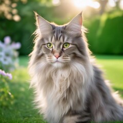 Naklejka na ściany i meble A Maine Coon with beautiful shiny fluffy fur, beautiful green eyes and pointed ears. Sitting in the garden on the lawn and looking away. Generative AI