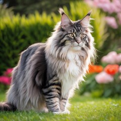 Naklejka na ściany i meble A Maine Coon with beautiful shiny fluffy fur, beautiful yellow eyes and pointed ears. Sitting in the garden on the lawn and looking away. Generative AI