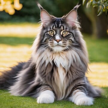 A Maine Coon with beautiful shiny fluffy fur, beautiful yellow eyes and pointed ears. Lying in the garden on the lawn and looking towards the camera. Generative AI