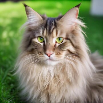 A Maine Coon in close-up with beautiful shiny fluffy fur, beautiful green eyes and pointed ears. Sitting in the garden on the lawn and looking away. Generative AI