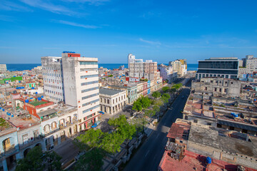 Naklejka premium Paseo del Prado aerial view with modern skyscrapers in Vedado at the background in Havana, Cuba. Old Havana is a World Heritage Site. 