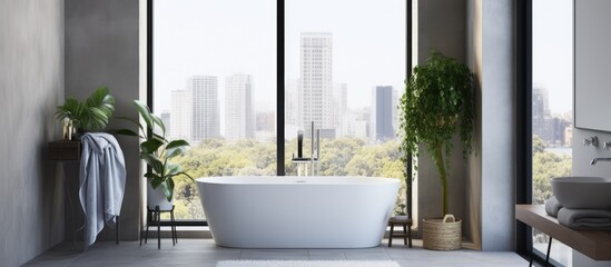 A white bath tub sits next to a window in a sunlit stylish bathroom. The room features wooden and concrete floors, a green plant, and a metallic towel hanger on a grey wall background.