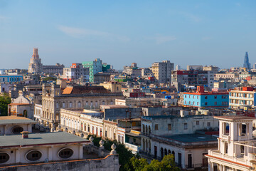 Central Havana (Centro Havana) aerial view with modern skyscrapers in Vedado at the background, Havana, Cuba. Old Havana is a World Heritage Site. 