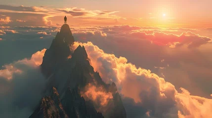 Rolgordijnen Mountaineer Overlooking Vast Clouds and Sunlight at Peak of Alpine Mountain © Rudsaphon