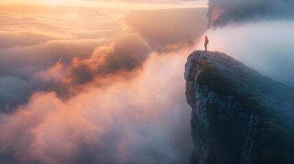 Solitary Hiker Overlooking Misty Clouds at Sunrise, To convey a sense of adventure and freedom, showcasing breathtaking landscapes and dramatic - obrazy, fototapety, plakaty