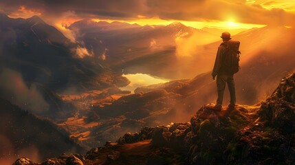 A Man Overlooking a Golden Valley at Sunset from a Mountain Peak, To convey a sense of adventure, exploration, and appreciation for the beauty of