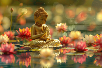 cute cartoon golden buddha with many colorful flowers, water reflection