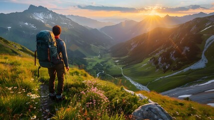 Backpacker at Sunrise Overlooking Lush Alpine Valley and Mountain Range