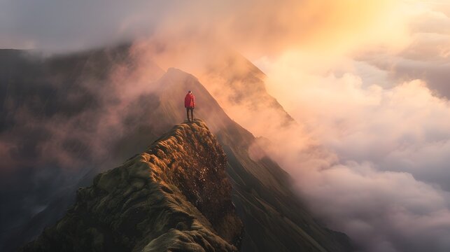 Person Achieving Success on Mountain Peak Amidst Misty Clouds