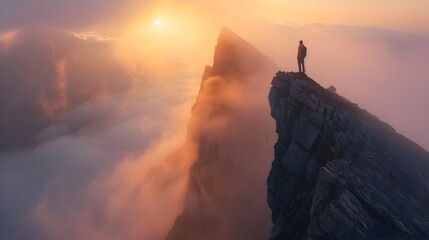 Man Overlooking Misty Clouds at Sunrise from Mountain Peak, To convey a sense of adventure, determination, and freedom in nature, this image is