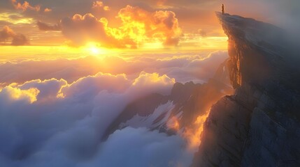 Man Standing on Edge of Abyss at Sunrise Over Mountains, To convey a sense of adventure and the beauty of nature through a realistic and cinematic - obrazy, fototapety, plakaty