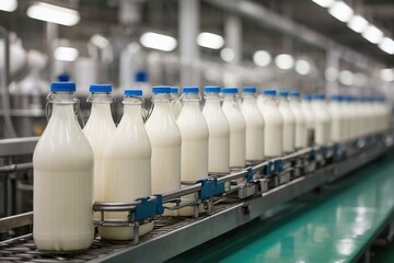 bottles of milk on a conveyor belt in a factory, sea of milk, top milk brands - obrazy, fototapety, plakaty