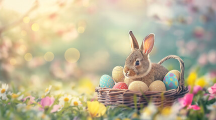 Fototapeta na wymiar Easter bunny surrounded by painted Easter eggs Decorate with embellishments or bright colors. In the meadow, beautiful spring flowers, wallpapers, invitation cards, postcards