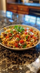 Taco pasta hybrid food. Vertical background 