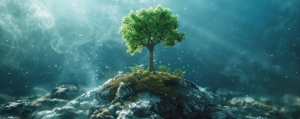 A tree is growing on a rocky hillside. The image has a serene and peaceful mood, as the tree stands tall and strong amidst the rocky terrain. The combination of the tree - obrazy, fototapety, plakaty
