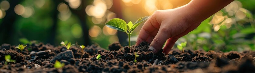 A hand is planting a seedling in the dirt. Concept of growth and nurturing, as the person is taking care of the plant and helping it to grow - obrazy, fototapety, plakaty