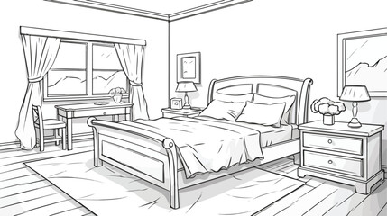 Bedroom interior. Freehand draw cartoon.