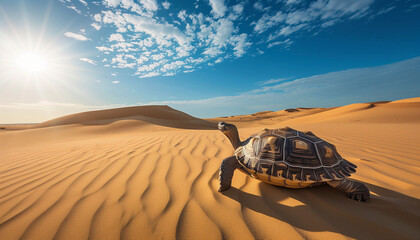 A turtle is making its way across the rippled sands of a sunlit desert with a clear blue sky above