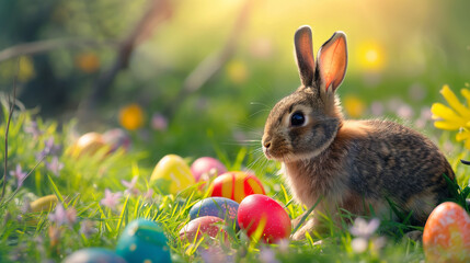 Easter bunny surrounded by painted Easter eggs Decorate with embellishments or bright colors. In the meadow, beautiful spring flowers, wallpapers, invitation cards, postcards
