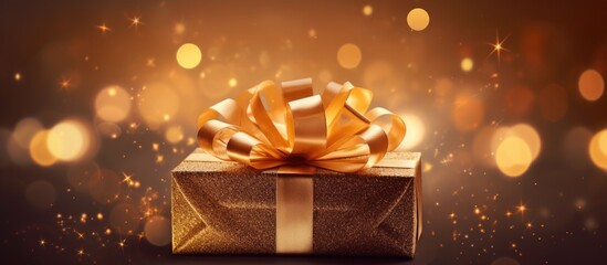 A beautifully wrapped gift box adorned with a shimmering golden bow sits elegantly on a table, ready to be given to a loved one. The golden bow adds a touch of luxury and sophistication to the present - obrazy, fototapety, plakaty