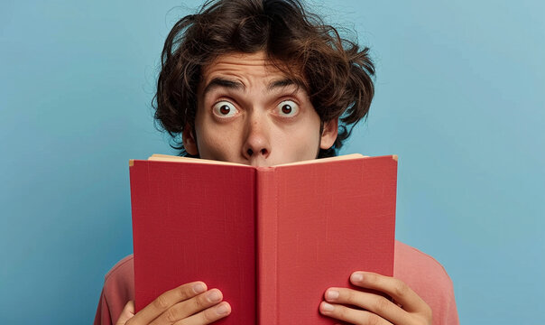 man boy student cover his face with plain red book stares with bugged eyes feels shocked.