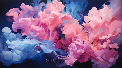 Radiant pink and deep indigo liquids colliding with explosive energy, forming a mesmerizing and intense abstract display - obrazy, fototapety, plakaty