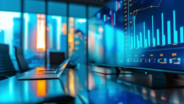 A sleek and modern boardroom setting with a projection screen displaying indepth financial data providing the perfect environment for investors to assess company performances.