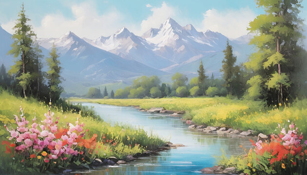 Summer landscape, flowers on the river bank with trees and mountains in the background, oil painting style illustration.